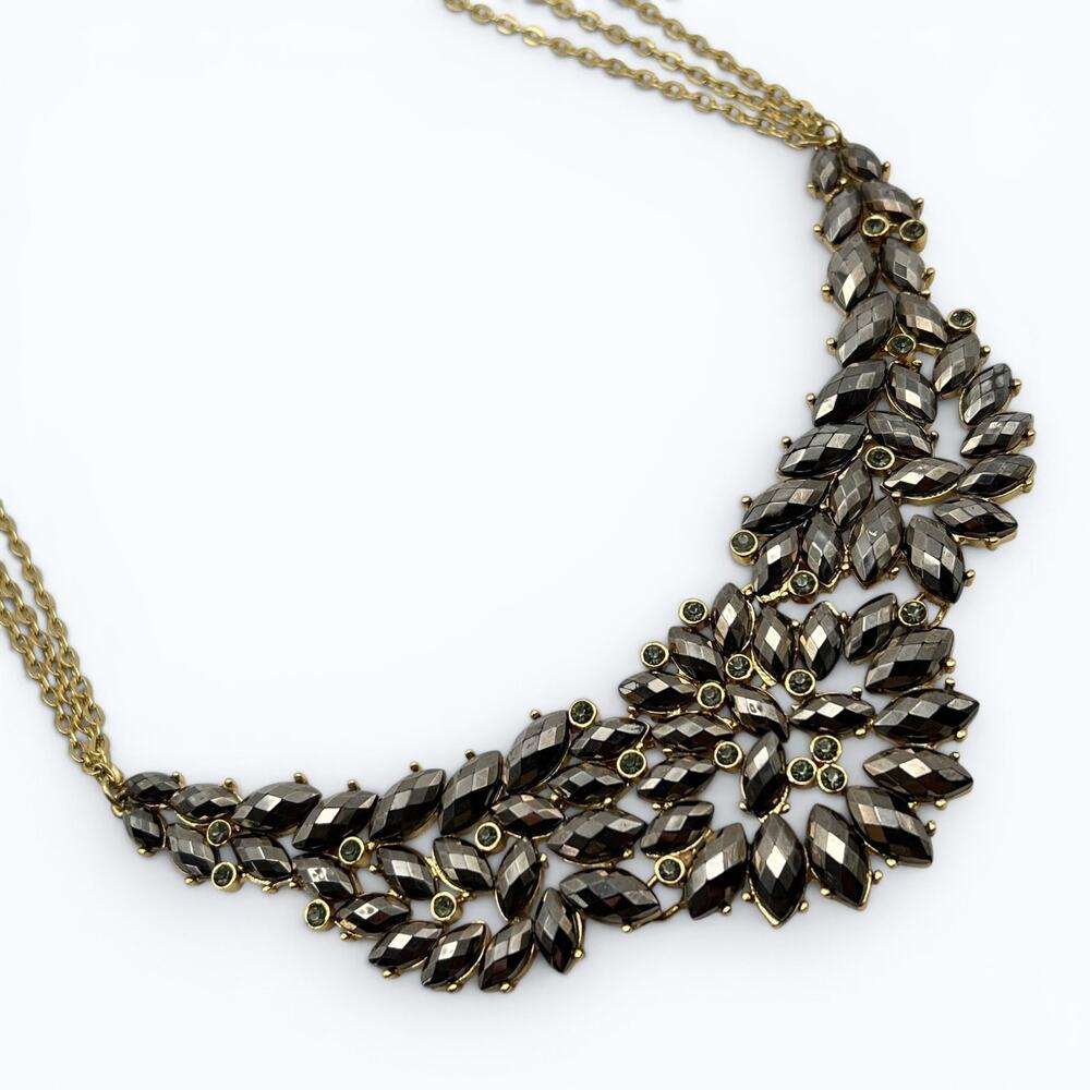 Vtg Alfani Bib Necklace Gray Rhinestone Gold Tone Chains Retro Statement Glam